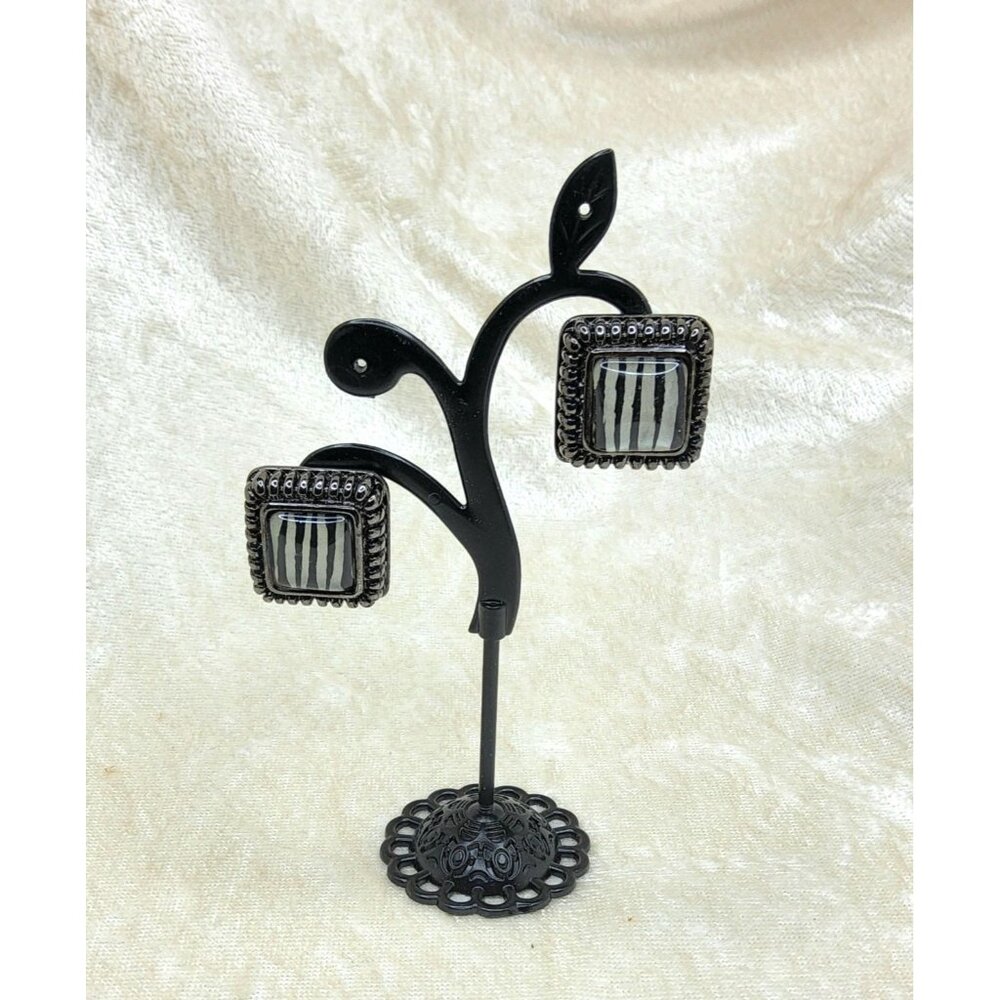 Vintage Square Zebra Print Dark Antiqued Finish Clip on Earrings . 75"